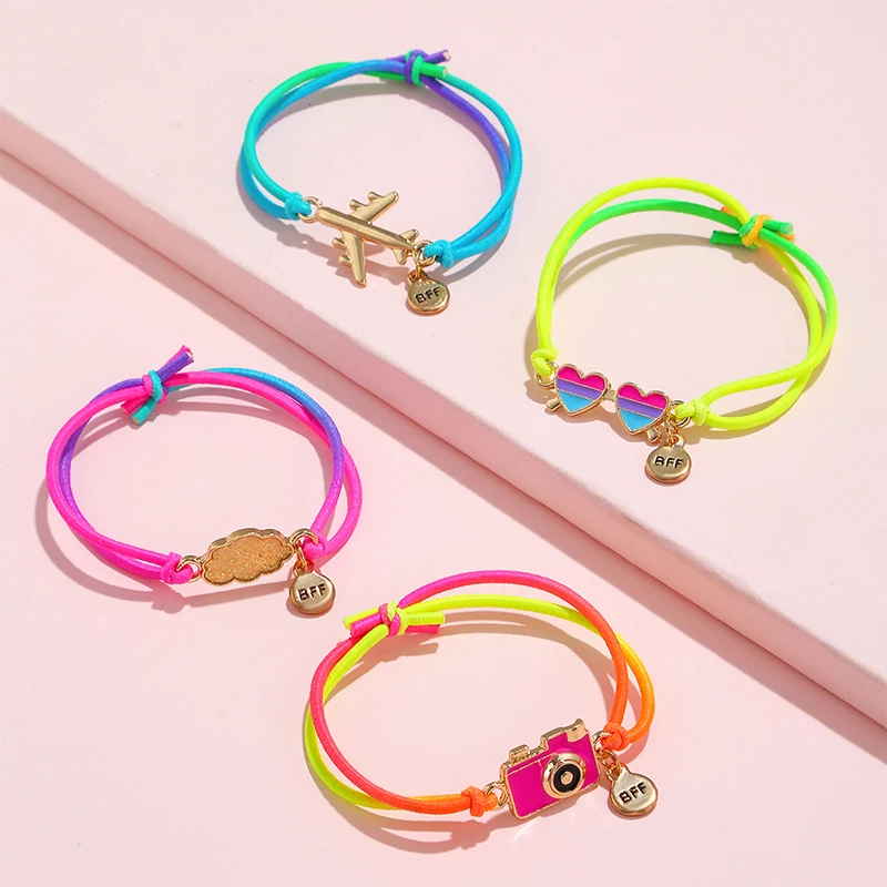 4Pcs/set Airplane Cloud Heart Camera Charm Bracelets Gradient Color Cord Colorful Elastic Rope Hairband for Girl Friendship Gift