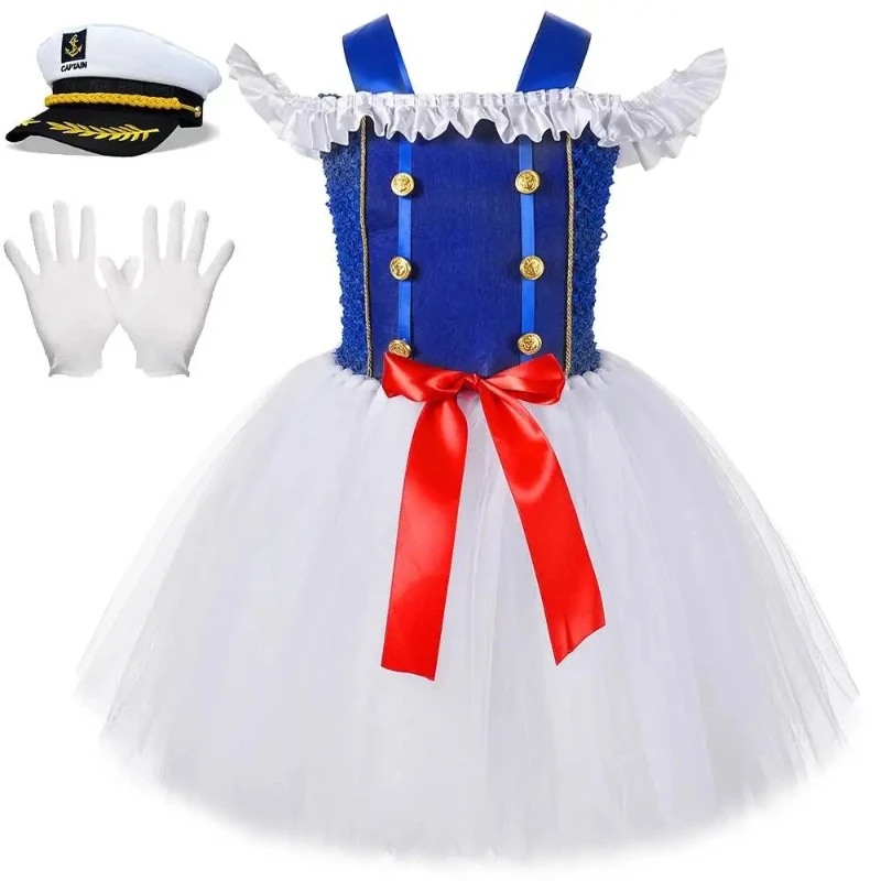 Girls Blue White Sailor Marine Navy Sparkly Tutu Dress With Gloves Hat Holiday Party Role Play Stage Performance Uniform Outfit