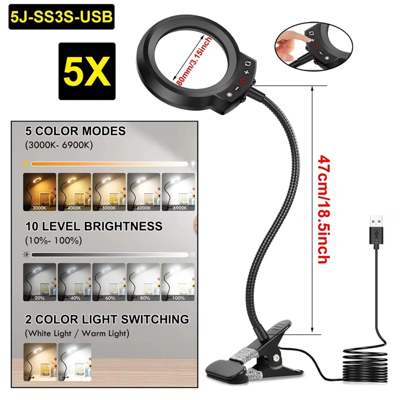 

NEW-Illuminated Gooseneck Magnifying Glass 5X With 5 Color LED Light Lamp For Soldering Repair DIY Close Work