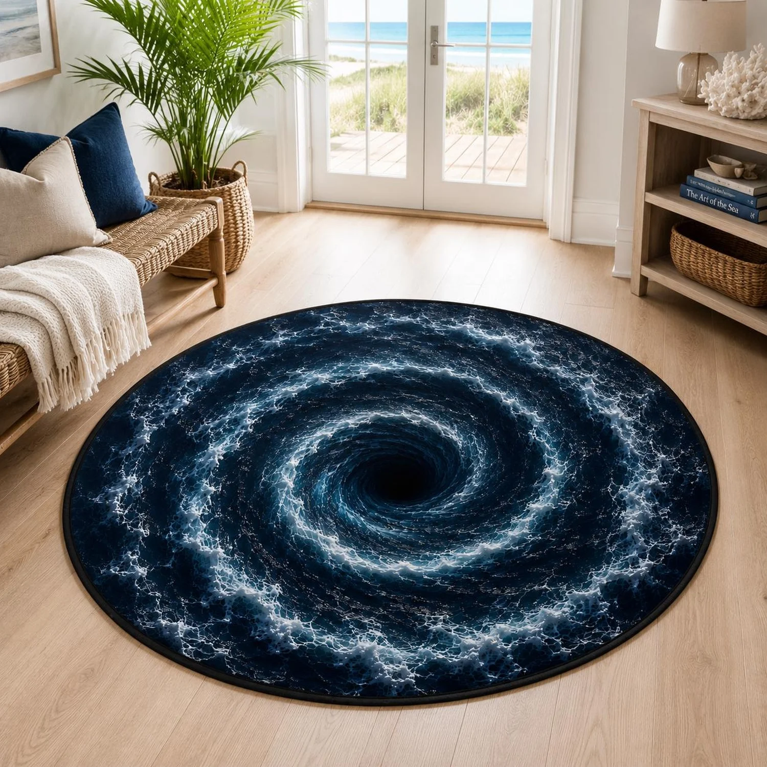 Ocean Swirl Round Rug,3D Optical Illusion Rug,Blue Water Swirl Carpet,Deep Sea Coast Bedroom Decor