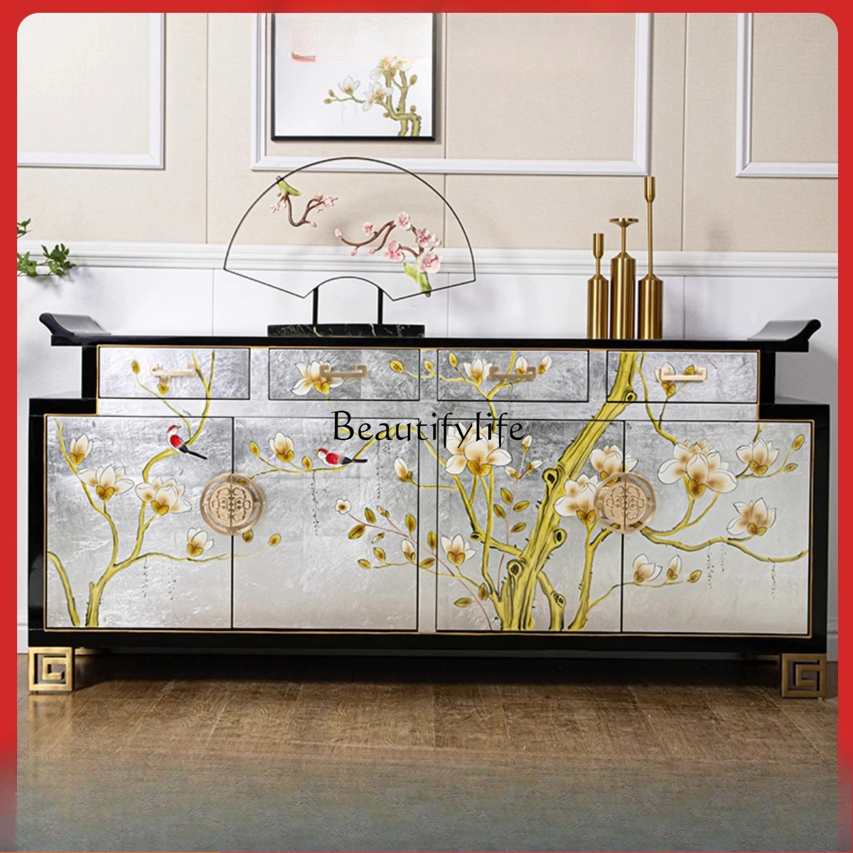 خزانة مدخل جديدة مطلية على الطراز الصيني بهو من الخشب الصلب على الحائط، وخزانة ديكور منزلية جانبية لتناول الطعام #3