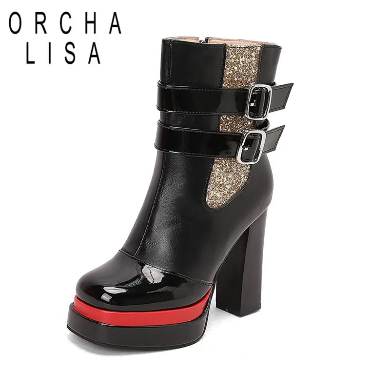 

ORCHA LISA 2025 Новые блестящие женские ботинки с круглым носком на блочном каблуке 11,5 см, платформа 3,5 см, застежка-молния, пряжка ремня, большой размер 42 43 Dating Bota