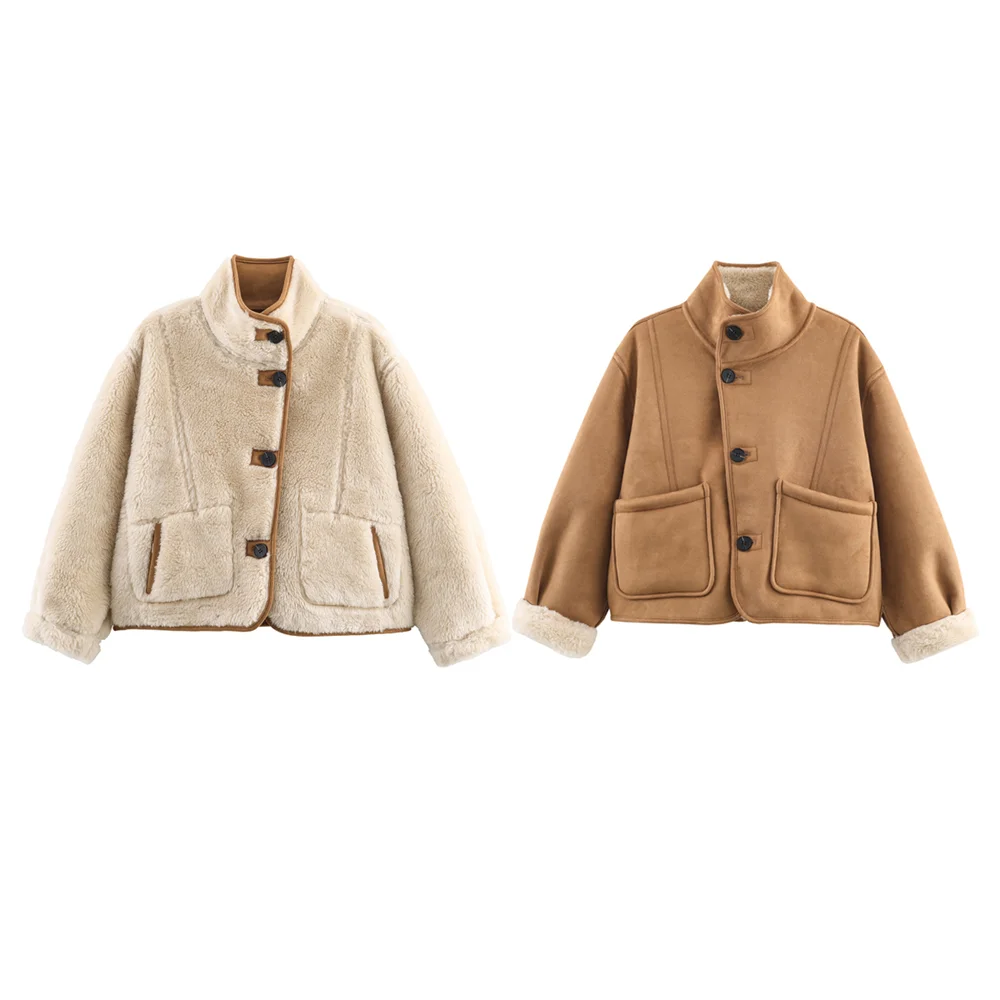 

Новая женская модная универсальная двусторонняя куртка-пальто с воротником-стойкой, длинными рукавами и бархатной подкладкой, теплая, 2026 года