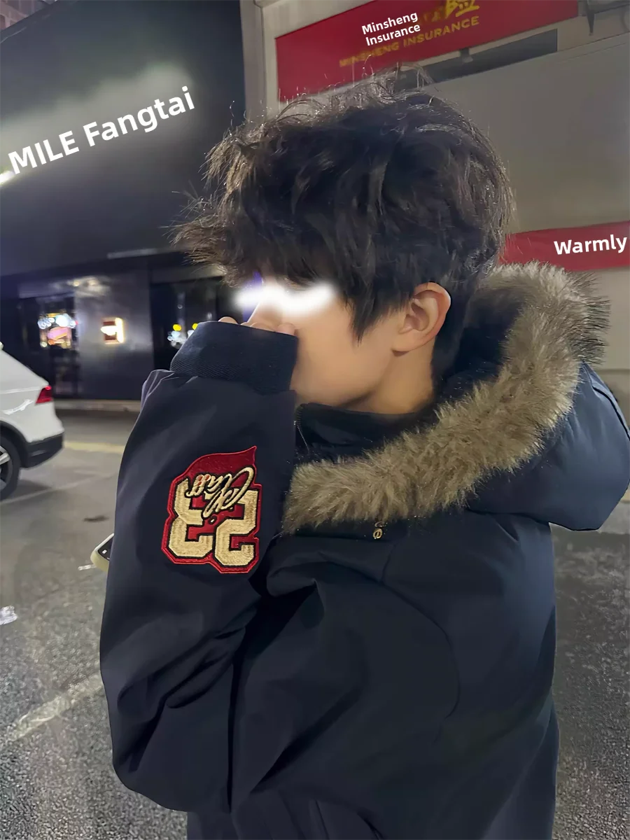 

Men's Winter Thiened Fur Collar Parka Cotton Jaet Warmth Outerwear Loose Fit High End Feel Hooded Retro American Brand