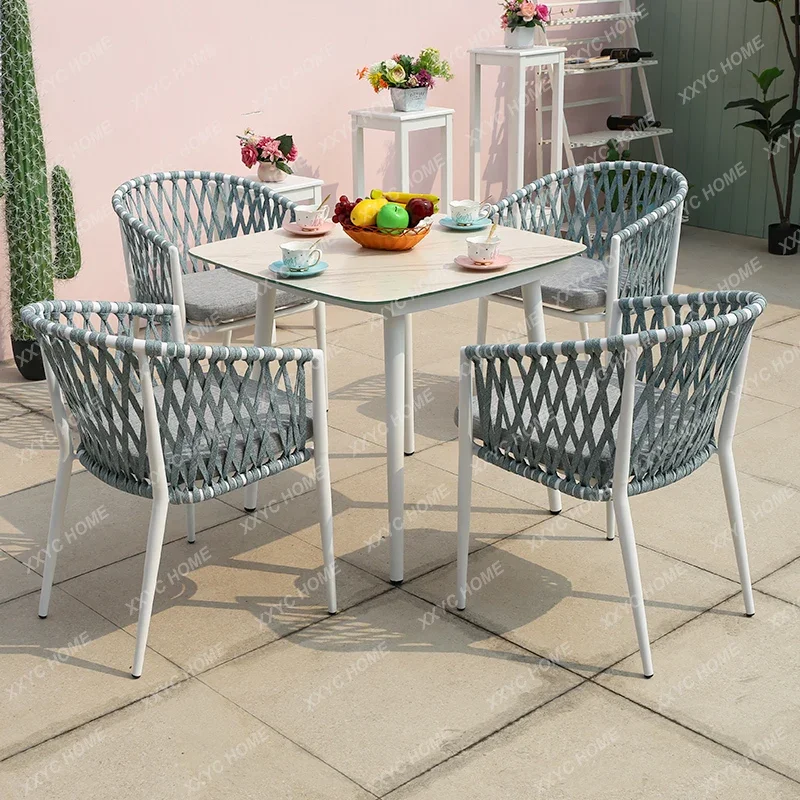 Simple Outdoor Desk-Chair Courtyard Villa Braid Rope Dining Table and Chair Leisure Balcony Rattan Chair Three-Piece Set