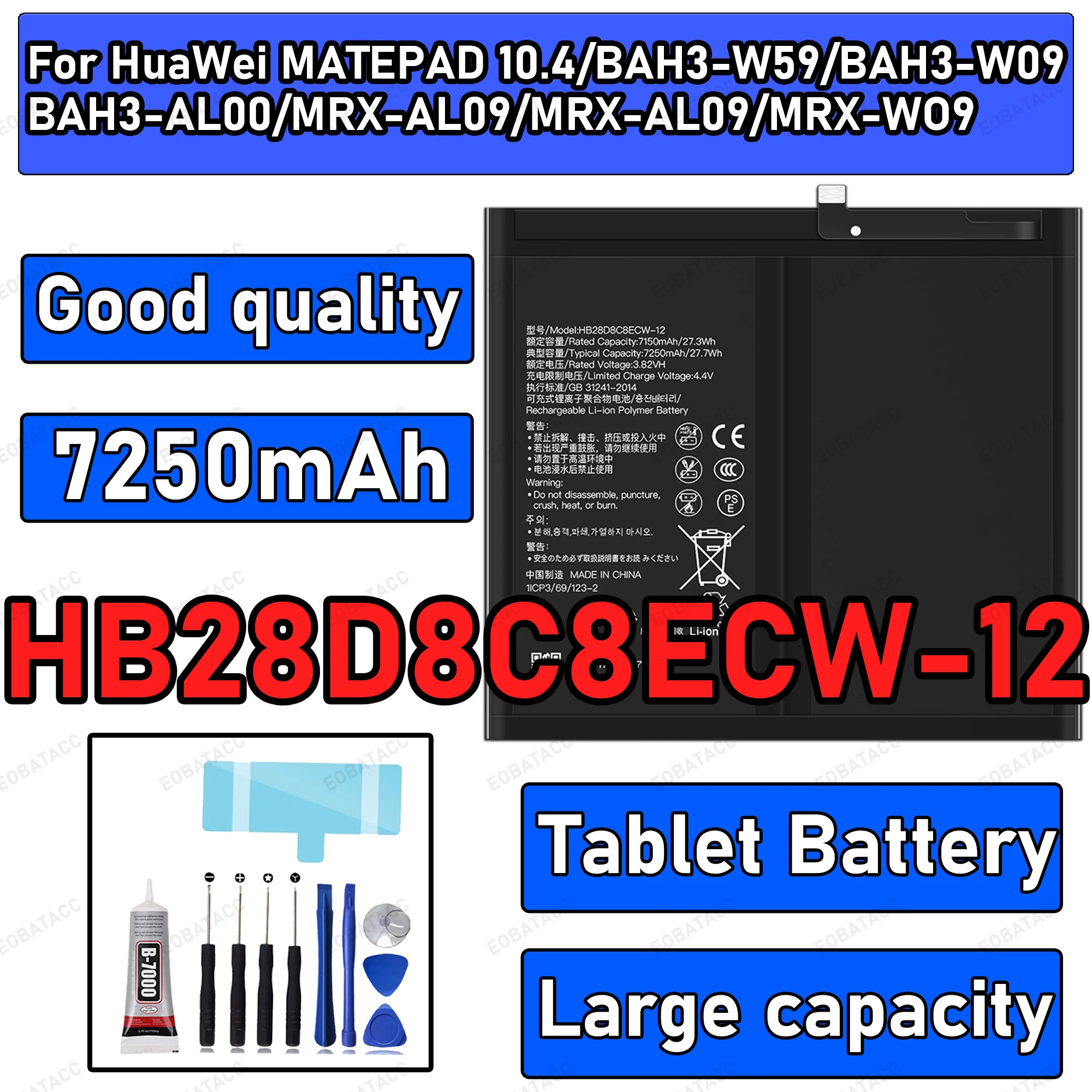 

100% New Zero Cycle HB28D8C8ECW-12 Battery For Huawei MediaPad 10.4/BAH3-W59/BAH3-W09/BAH3-AL00 Replacement Bateria +Free Tools