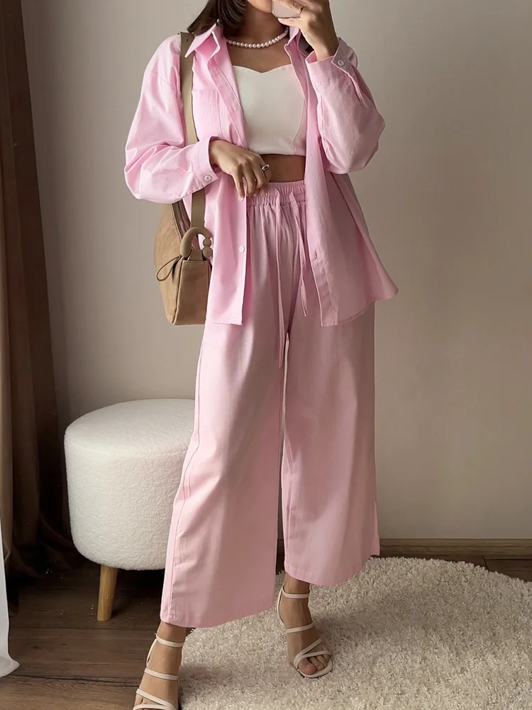 Streamgirl Linen Pants Sets For Women Summer Suits Pink Two Piece Trouser Women's Suit Sets Linen Shirt Set Oversize Outfit Suit