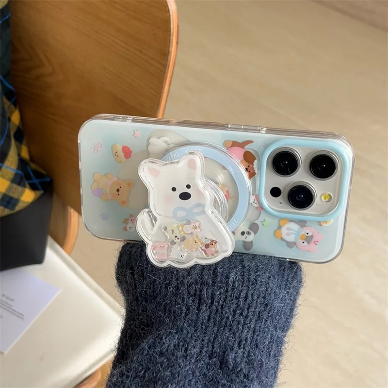 Kawaii Magnetic Stand Phone Case For iPhone 16 15 Pro 13 14 Pro Max Cover with Magsafe Card Holder Cases Cute Puppy Funda 16pro