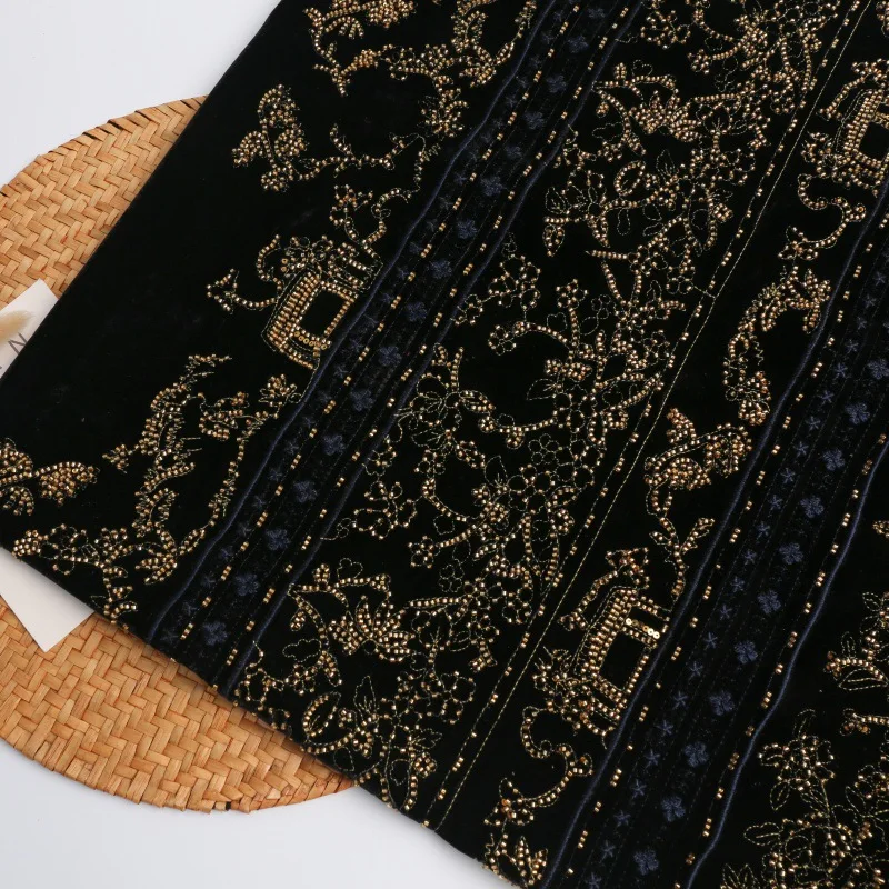 

High-end 3D floral velvet fabric with gold sequin bead embroidery double-sided positioned bead embroidered fabric for clothing