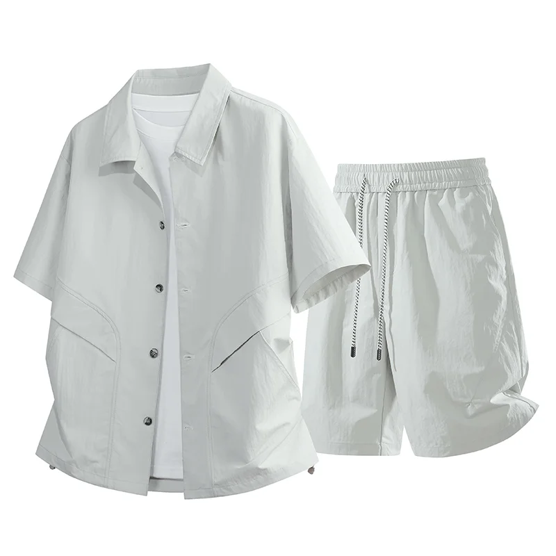 Summer New Fashionable Solid Color Outdoor Sports Beach Short Sleeve Shirt Set for Men's Casual Loose Large Two Piece Set view 6