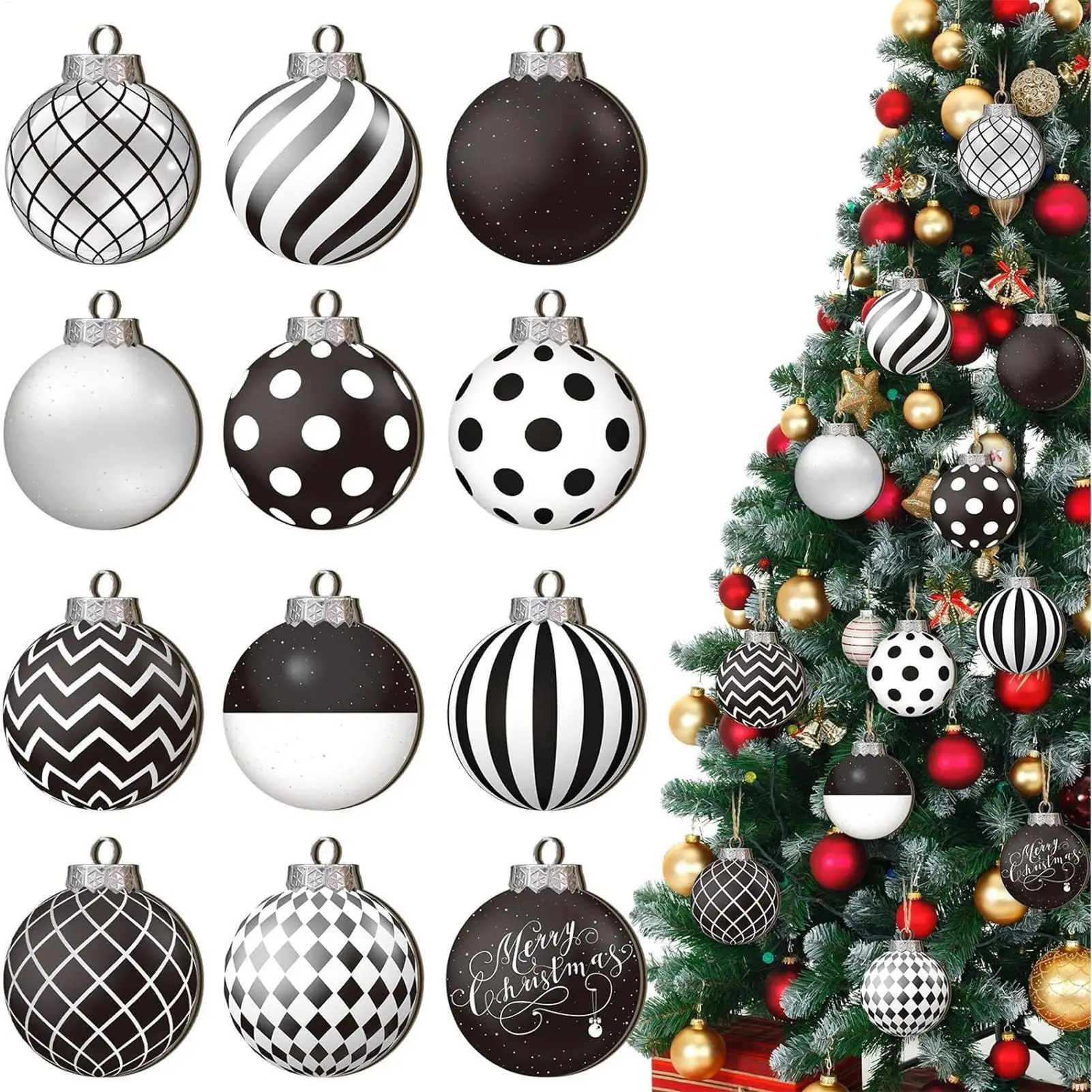 Weihnachtskugeln, Ornamente, lustig, 12 x Holz-Weihnachtsbaumkugeln, Dekoration, dekorative Kugelverzierung, 2D, bruchsicher, Weihnachten