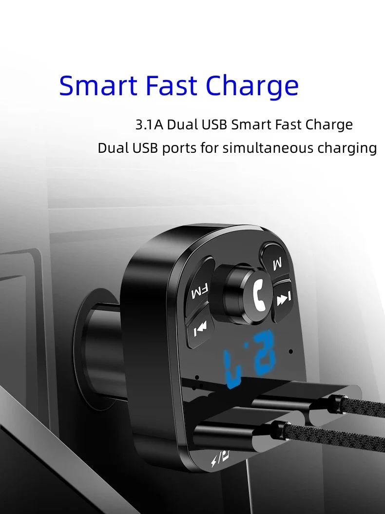 Bluetooth-Enabled FM Transmitter Car Kit, Fast Car Charger with QC3.0 Dual USB Ports, Vehicle Accessories