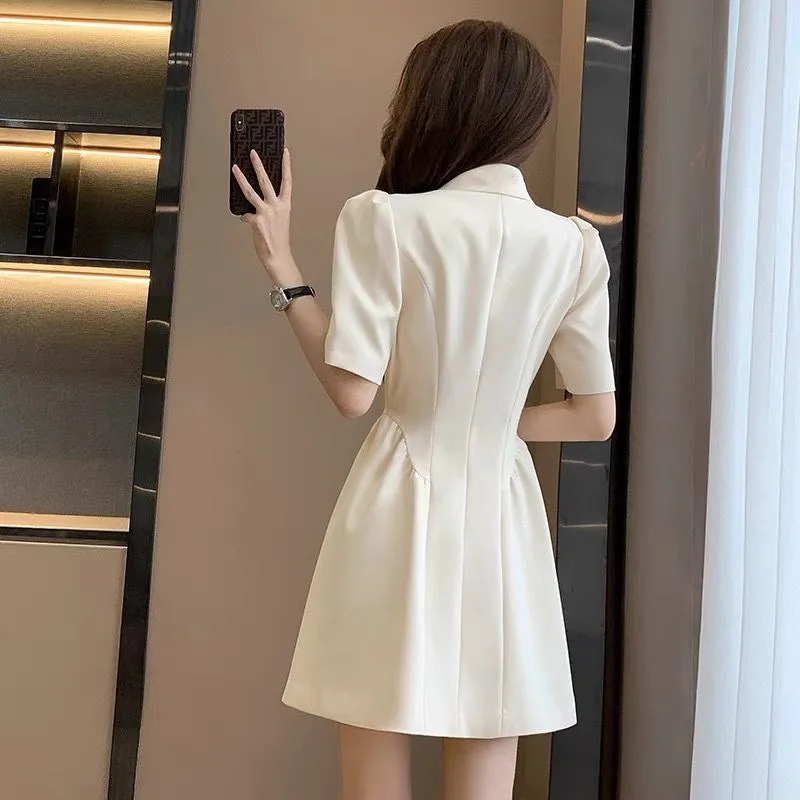 Elegant Notched collar Short Puff Sleeves A-line Mini Blazer Dresses Women Summer New Bow Ruched Slim OL Short Dress Vestidos