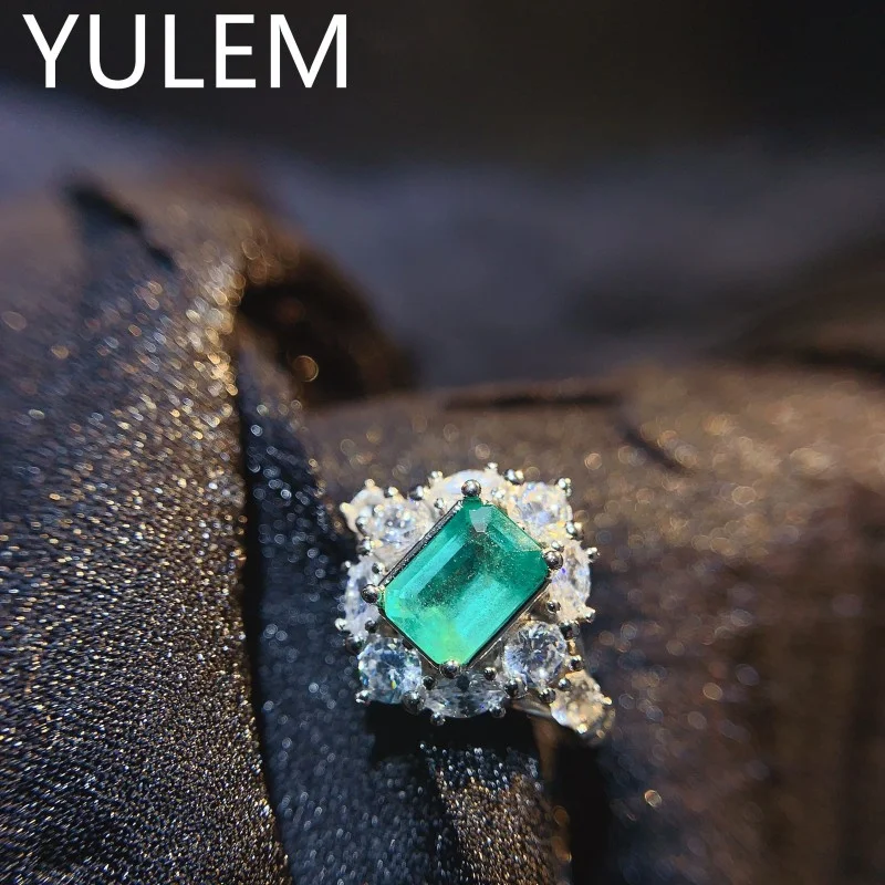 YULEM Natural Emerald Ring Female 925 Sterling Silver Rectangle 5x7mm Personality Gem Index Finger Ring