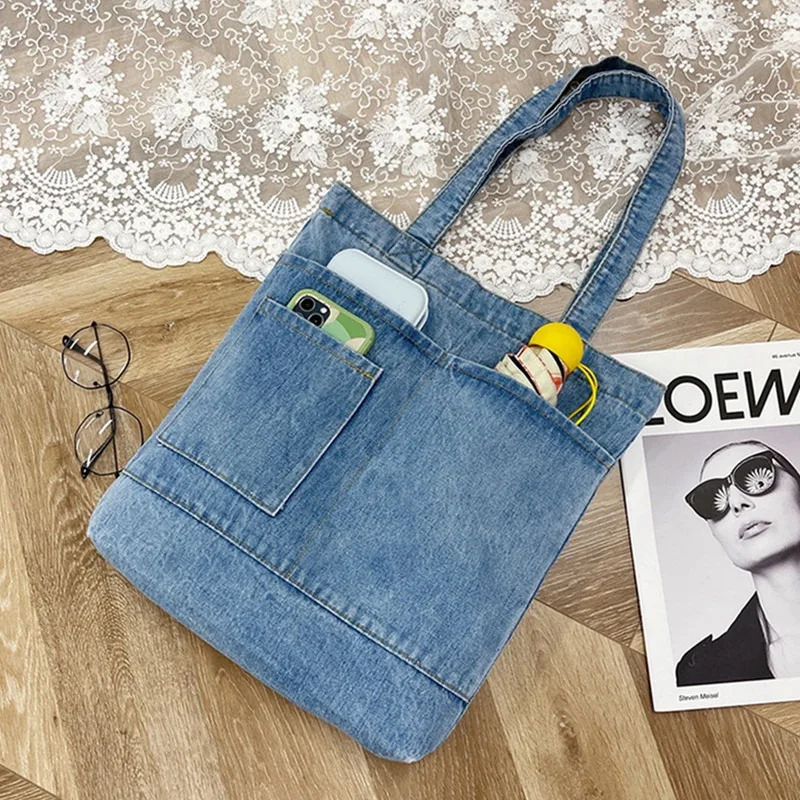 

Denim Bag Shoulder Bag Women's Casual Simple Korean Version of Girls' Tote Bag Canvas Student Hand-held Make-up Bag