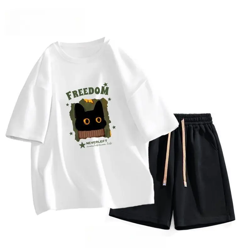

Summer Trend Ins Lazy Wind T-shirt Printed Short-sleeved Loose Shorts Set Men's Loose Five-point Pants Two-piece Set