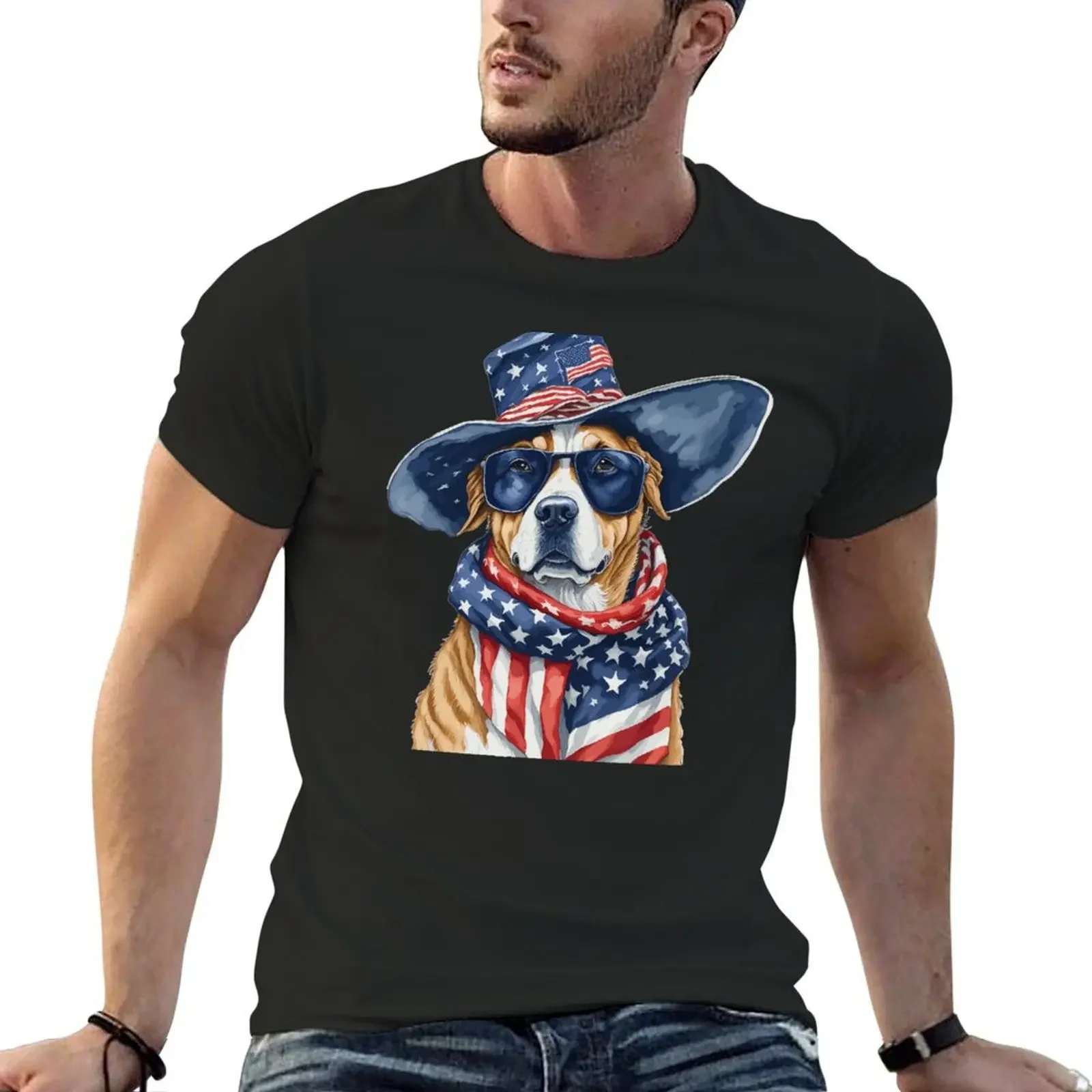 Cool Dog on 4th of July Patriotic Pets 4th of July dog T-Shirt animal prinfor boys plus size clothes mens t shirts top quality