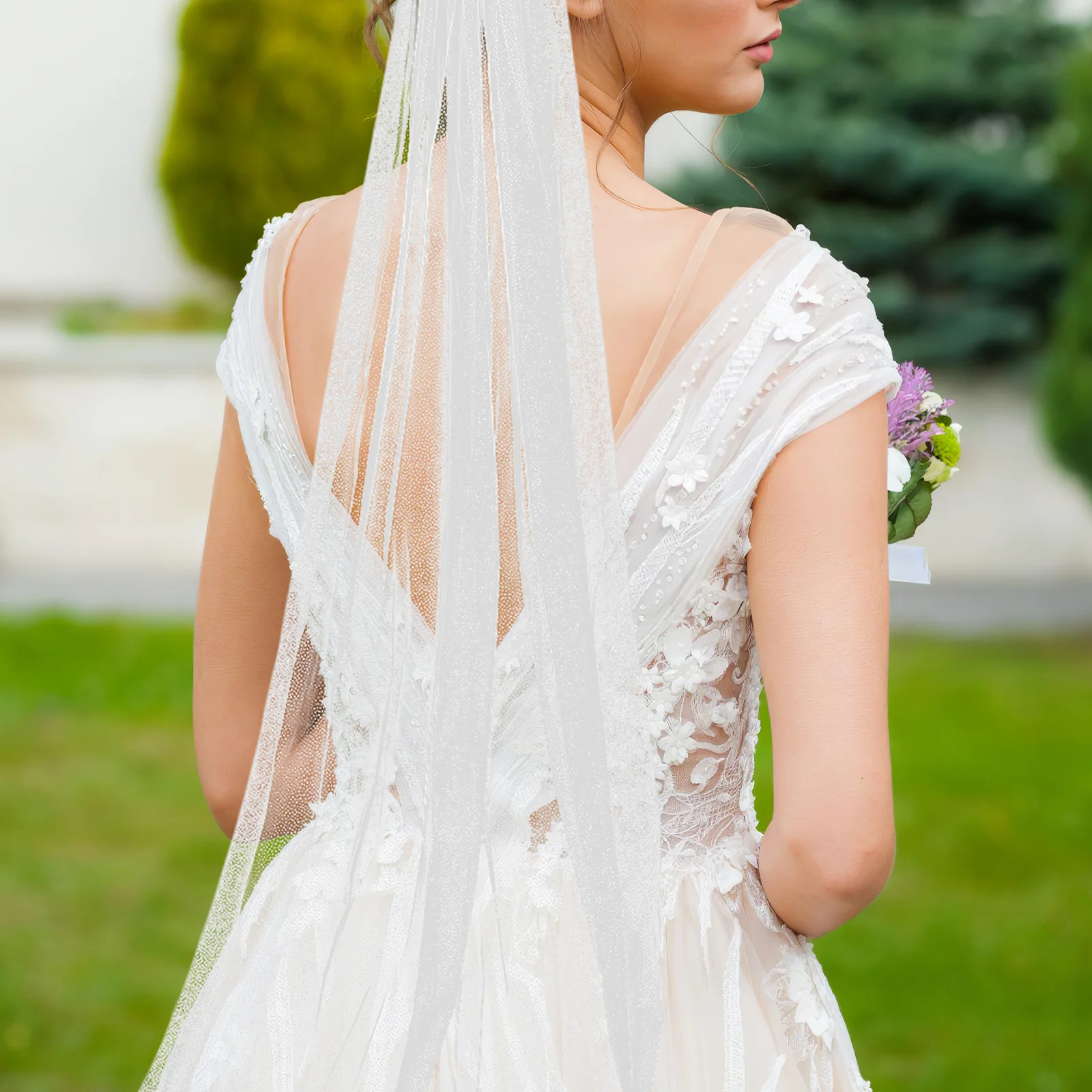 

Long Sparkly Tulle Bridal Women Wedding Veil With Metal Comb Print Cathedral Wedding Veil For Bride White
