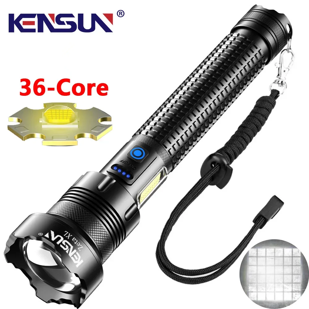 KENSUN 36-Core Powerful LED Flashlight COB Side Light Usb Rechargeable XHP360 Torch Super Bright IPX4 Waterproof Camping Fishing