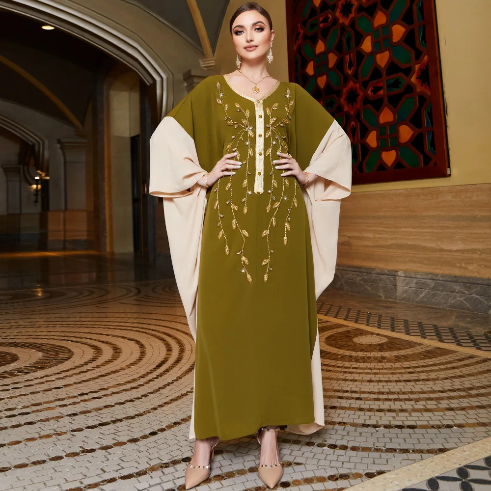 Patchwork Long Dress Muslim Abayas for Women Hand Sewn Diamond Robe Batwing Sleeve Summer Dress Dubai Robe Ramadan Kimono Kaftan