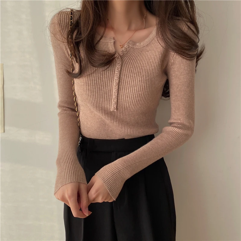 2024 Sweater Women Solid Color O-neck Pullovers Basic Primer Pull Femme Button Chic Jumper Soft Slim Autumn Knitted Sweaters