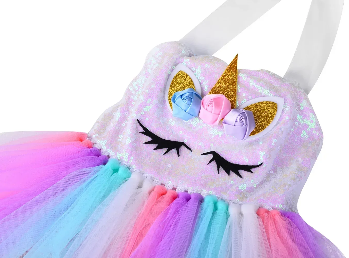 Kinder-Einhornkleid mit langem Schwanz und LED-Lichtern, Mädchen-Geburtstagsparty-Kleid, Prinzessin, Karneval, Kostüm, Haarband, pastellfarbenes Regenbogenkleid – Detail 4
