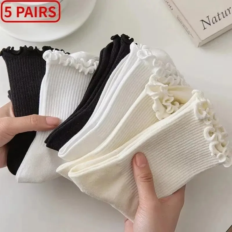 5 Pairs /Lot Socks for Women Ruffle Middle Tube Ankle Short Breathable Black White Set Spring Autumn