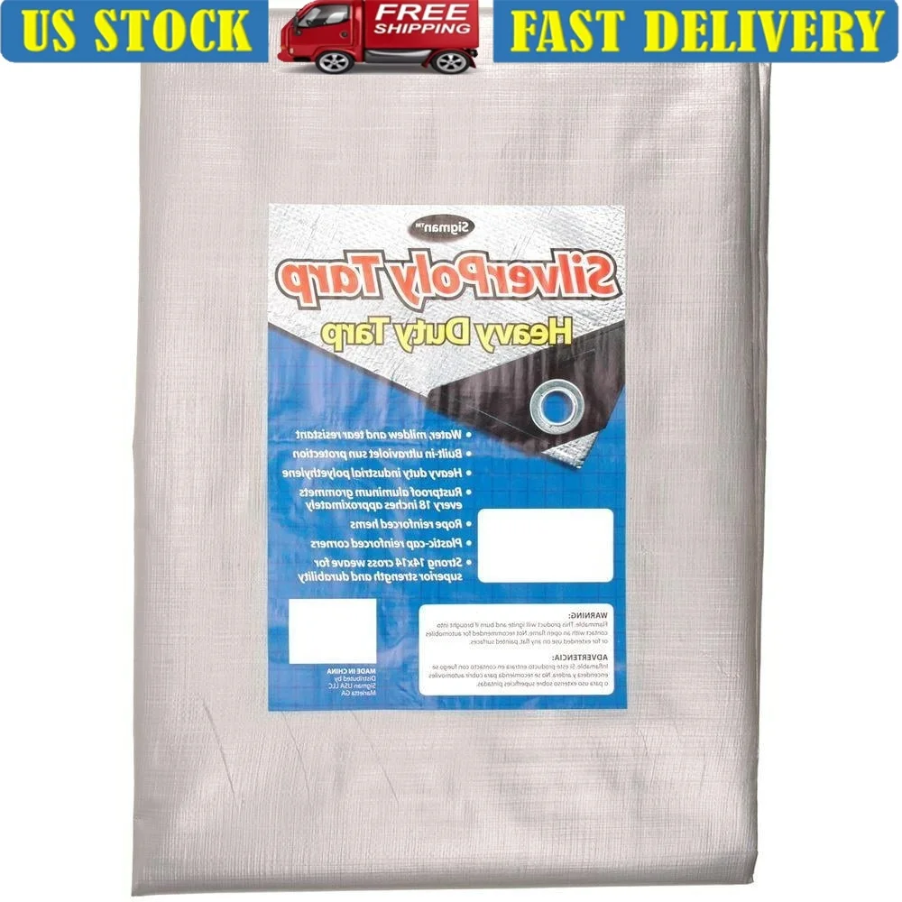 

10x12 Heavy Duty Silver Tarp Waterproof UV Resistant Reinforced Polyethylene Fabric Grommets Mildew Resistant Outdoor Canopy