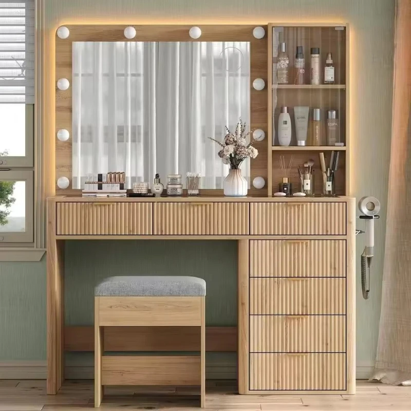Luxury mirror with lamp, dresser with drawers, bedroom furniture