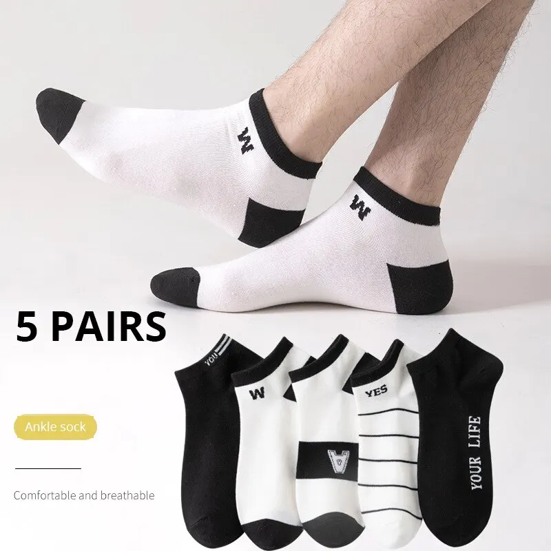 5 Pairs Men\'s Socks Simple Summer Breathable Low Top Socks Black and White Letter Short Tube Men\'s Socks