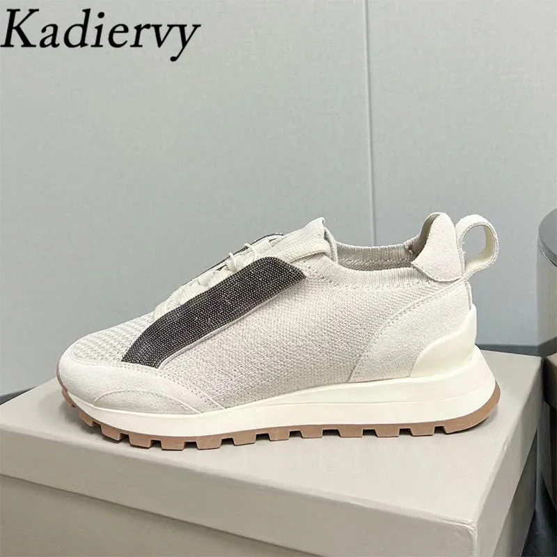 

Casual Sneakers Women Knit Breathable Running Shoes Woman Round Toe Lace Up Chain String Bead Comfy Flat Women's Sneakers