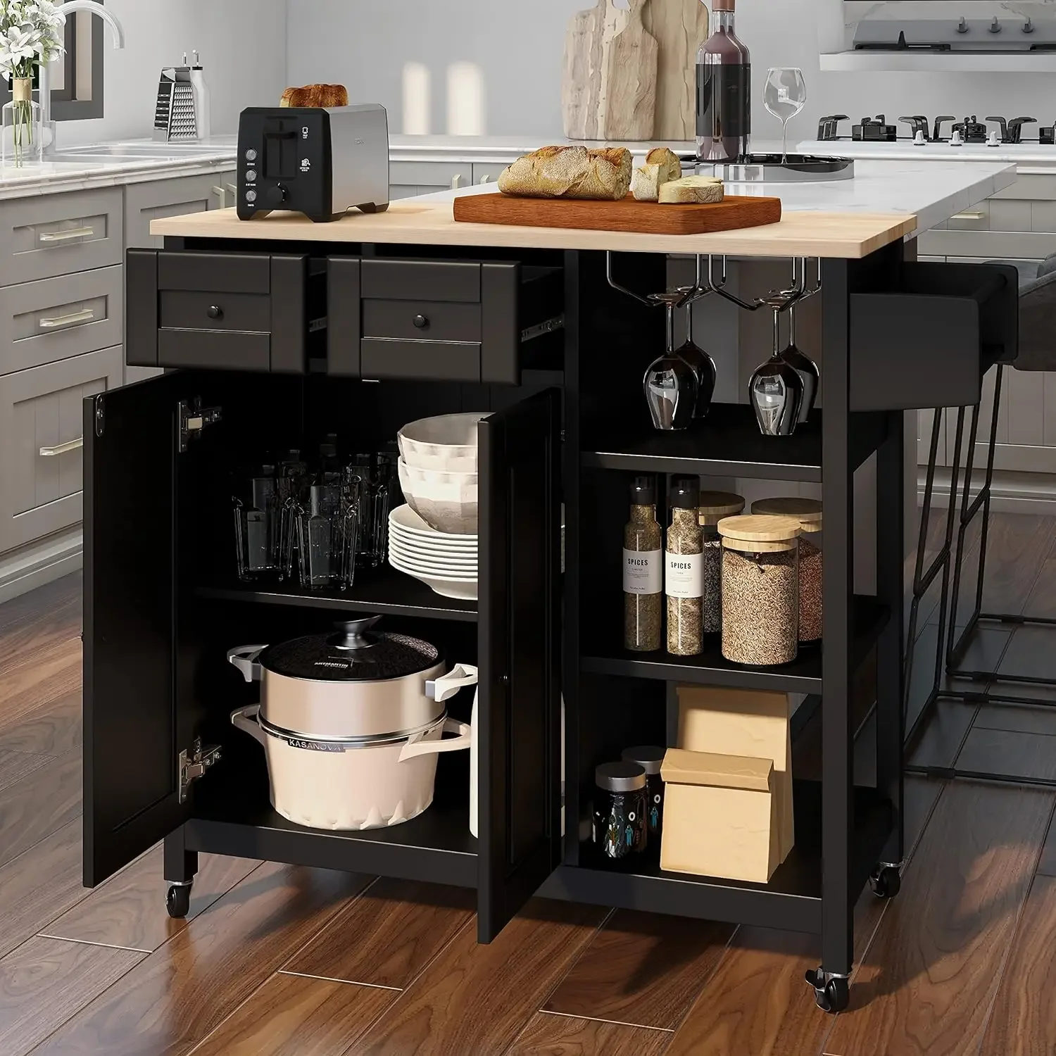 

Kitchen Island on Wheels, Kitchen Cart with Cabinet & 3 Layer Shelves, Wood Countertop Mobile Storage Islands with Spice Rack