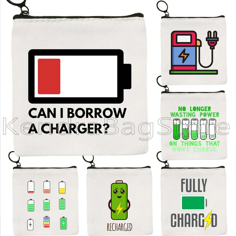 Funny Battery Fully Charged Battery Electric Level Charging Chargers Print Canvas Coin Purse Key Card Bags Wallet Zipper Pouch