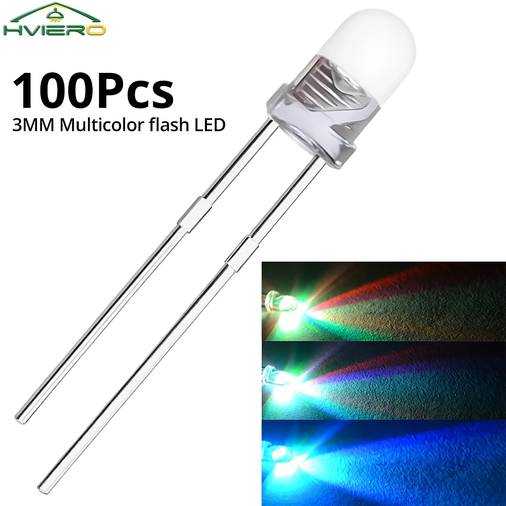 100x Fast Slow Flash RGB Round 3mm Rainbow Multi Color Red Green Blue Emitting Diodes Light Bead Clear 2.0~3.4V LED Lamps Bulbs
