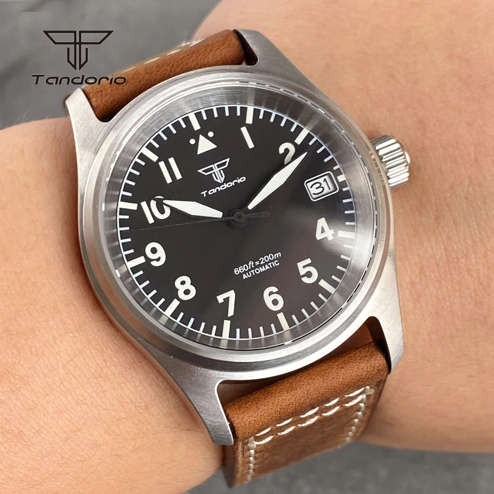 Tandorio Steel 36mm Pilot Men Automatic Watch Aviator Date NH35A Simple Dive Mechanical Field Wristatch 20BAR Luminous Leather