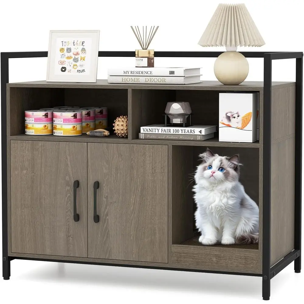 Hidden Cat Litter Box Cabinet with 2 Storage Compartments, Metal Frame, Scratching Board for Indoor Kittens