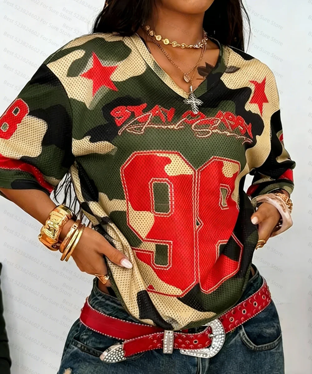 T-shirt Donna Estiva 2026 Nuova Collezione Stampa Retrò N.98 Scollo a V Camouflage Manica Corta Maglia Sportiva Y2K Taglie Forti