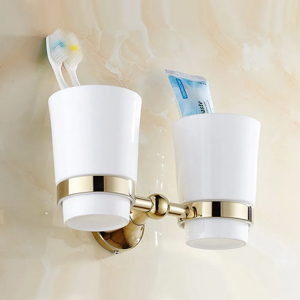 Gold Color Brass Toothbrush Holder With Dual Ceramic Cups Wall Mounted Bathroom Accessories aba932