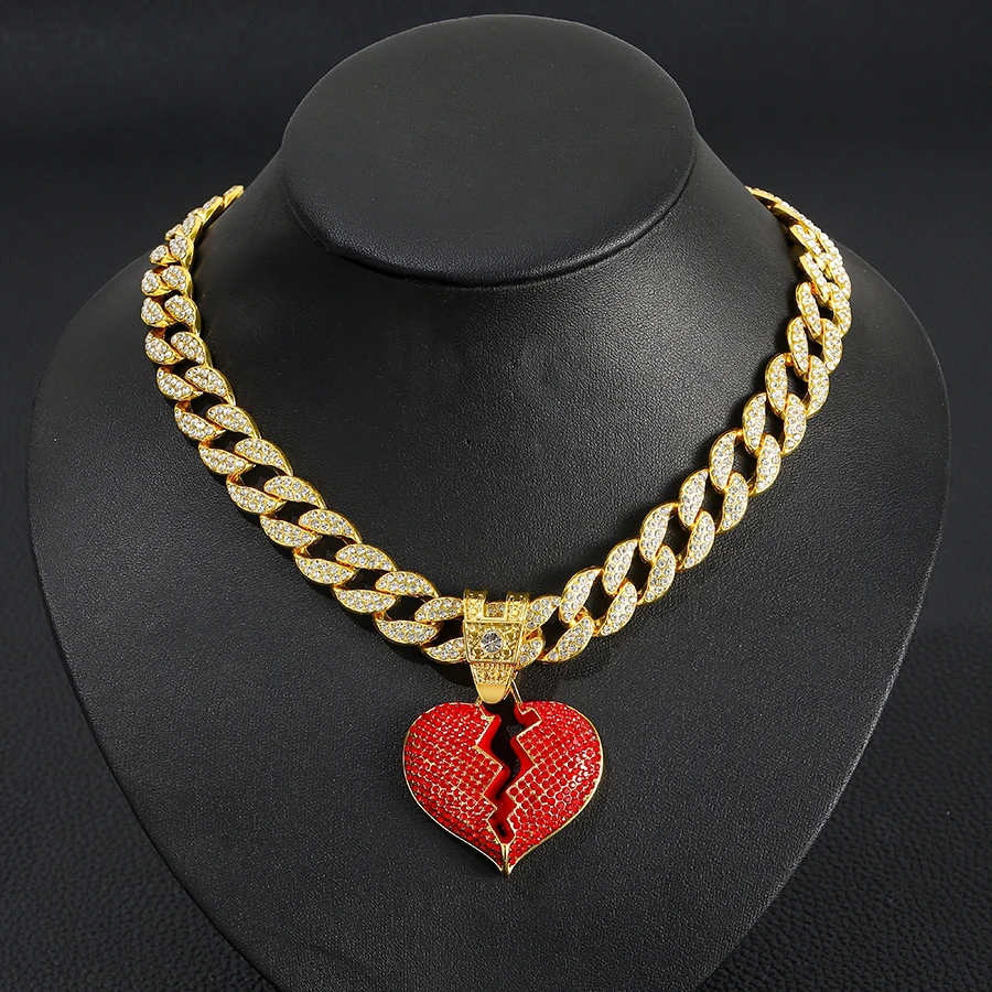 Iced out 15mm miami cuban chain jewelry alloy and rhinestone hip hop red heart pendant necklace