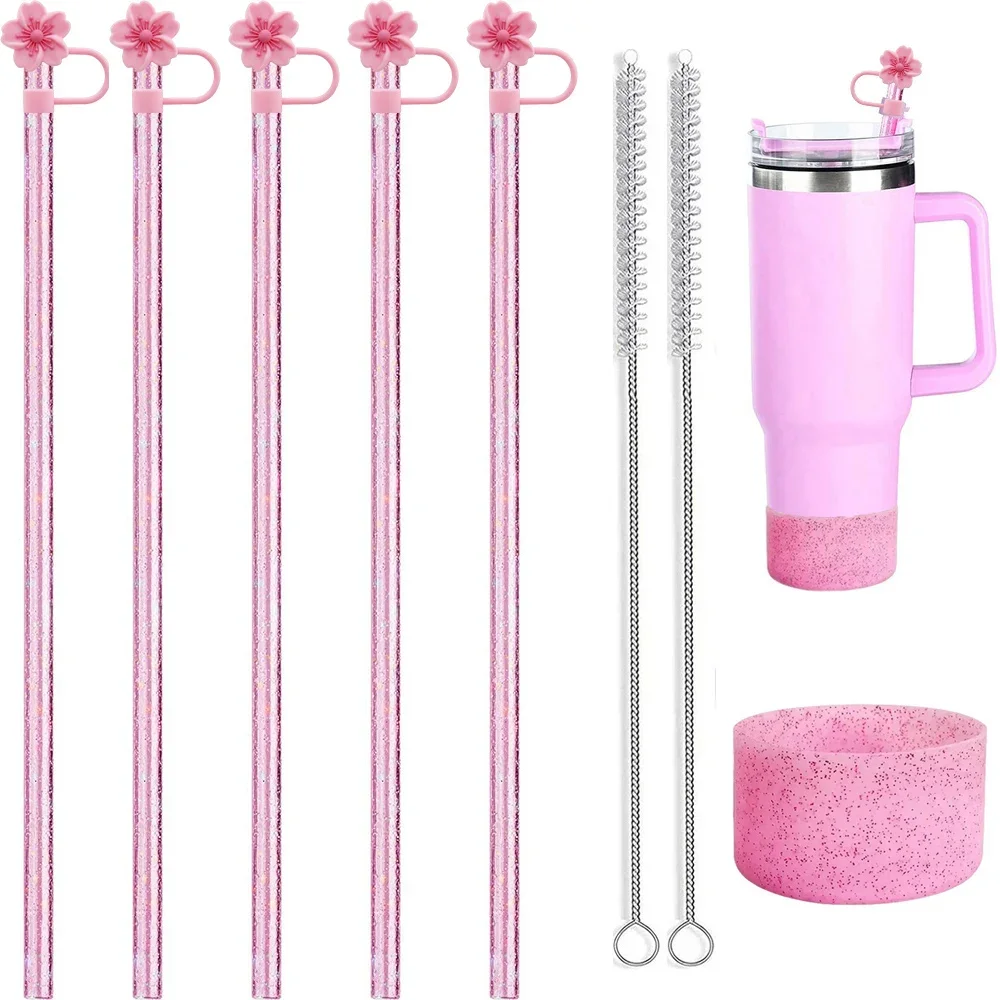 13pcs Accessories for Stanley Cup 30/40oz, 5pcs Glitter Straw 5pc Straw Tip Lid 1pc Silicone Protective Boot 2pc Straw Brush