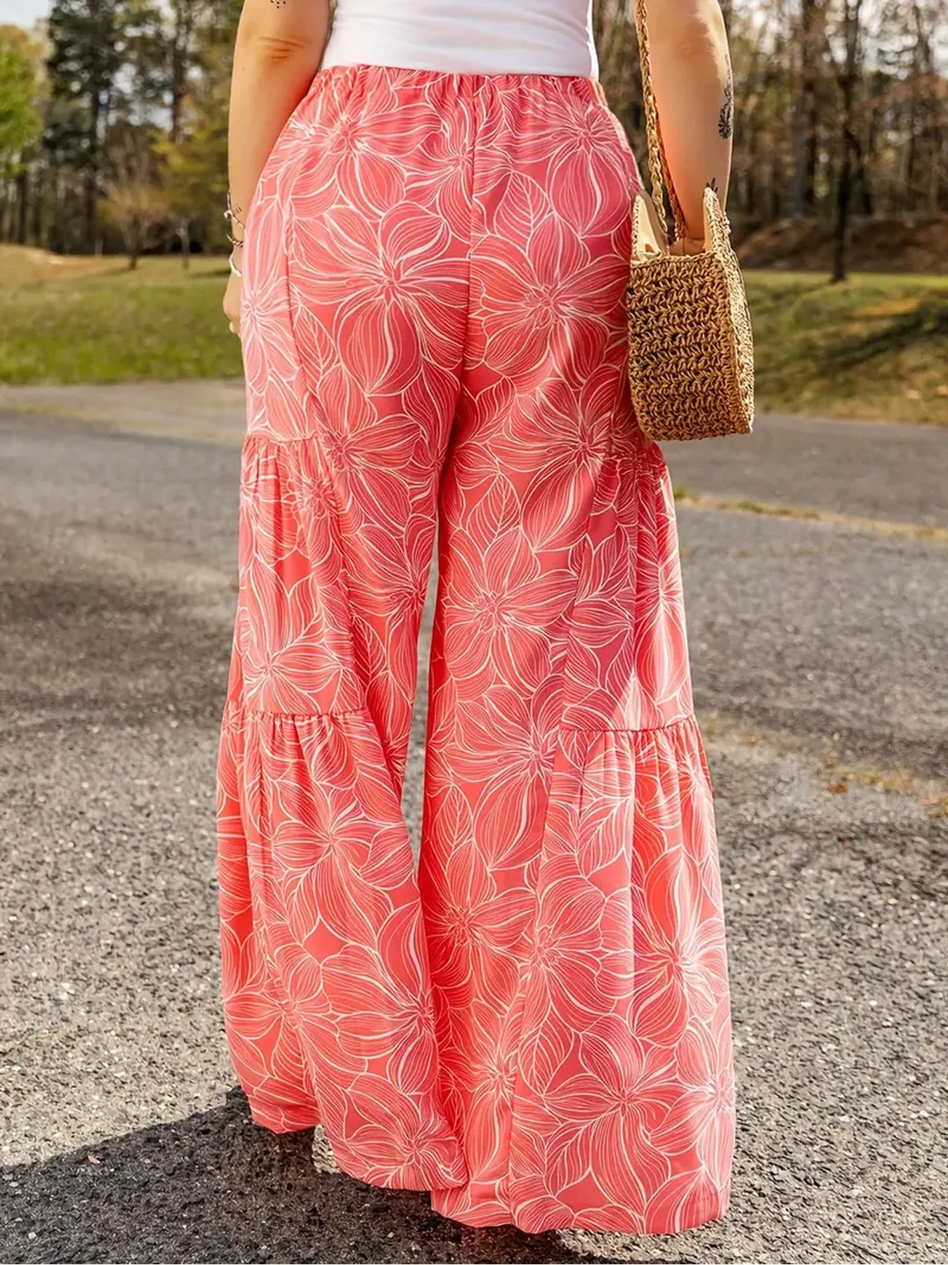 Sommerliche, lässige, elegante, lockere, bequeme, große Größen, bedruckte, elastische Taille, mit Kordelzug, weites Bein, lange Hosen – Detail 4
