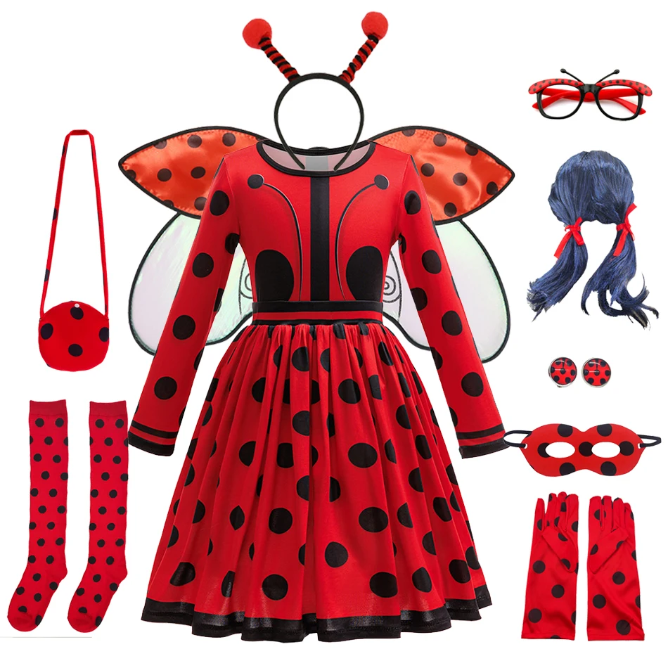 

Ladybug Costume Girls Superhero Cosplay Dress Kids Cartoon Inspired Red Black Role Play Dress with Mask for Halloween Carnival