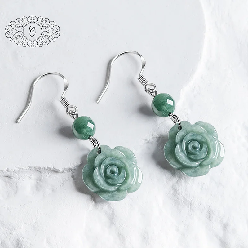 

Jade Rose Earrings, Bean Green, Silver Dangle, Elegant Floral Jewelry