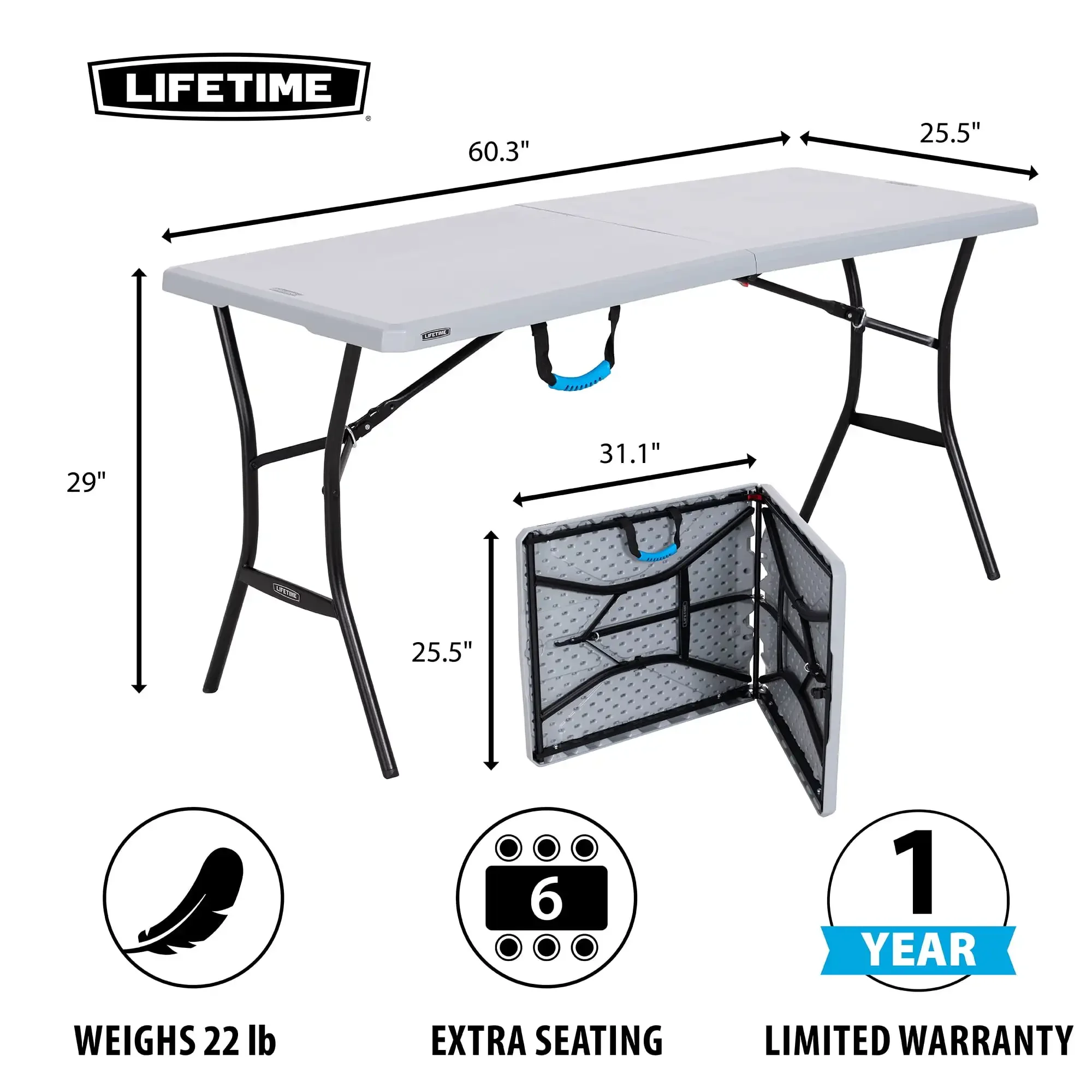 5 Foot Rectangle Fold-in-Half Table, Indoor/Outdoor Essential, Gray, 60.3