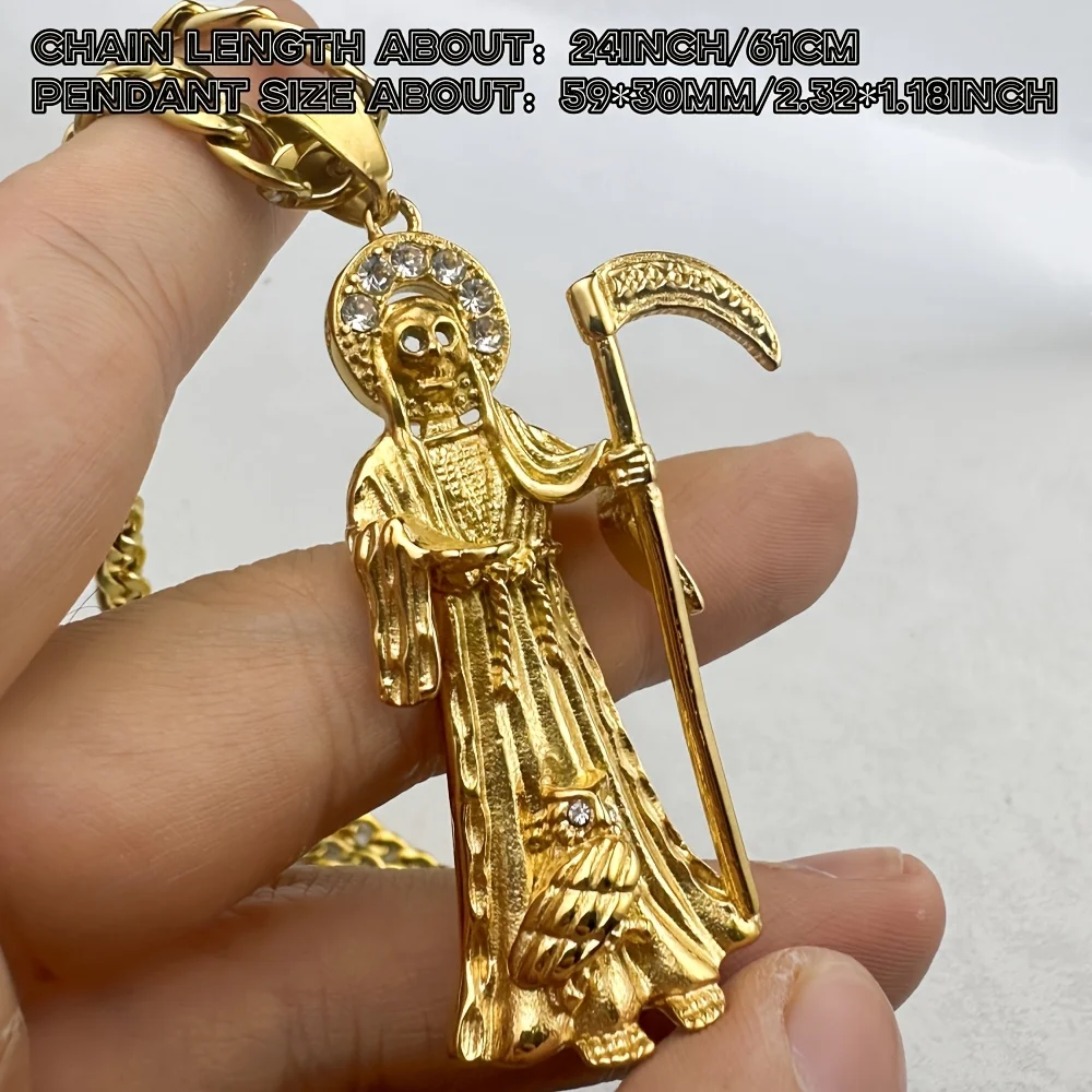 Golden Skeleton Skull Scythe of Death Pendant Charm Necklace Hip Hop Jewelry Rhinestone Accented Stainless Steel for Men & Women