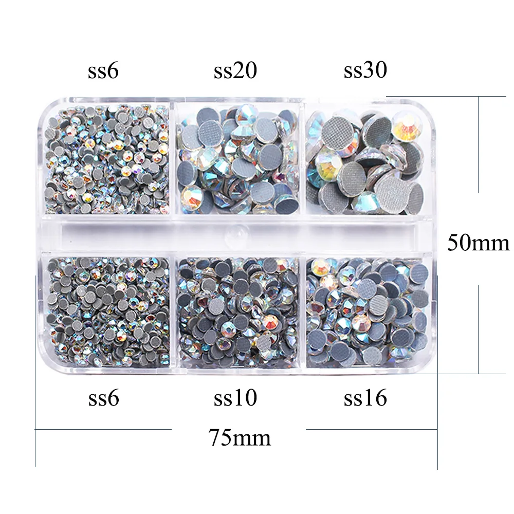 6 Grids Ss6-Ss30 Flatback Shiny Crystals Stones Glass Beads Hot Fix Rhinestone Crafts Glue On Rhinestones for Nail Decoration