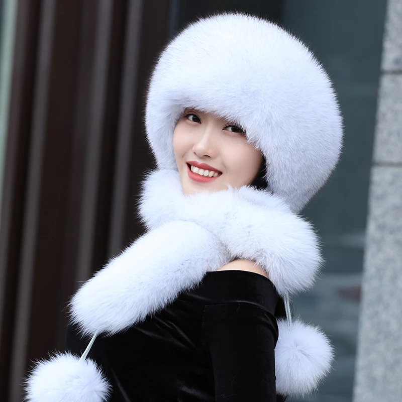 

Real Fox Fur Hat Women Winter Natural Fur Scarf Hat With Ear Protection Thick Warm Bomber Hat Lady Real Fur Snow Beanies Cap