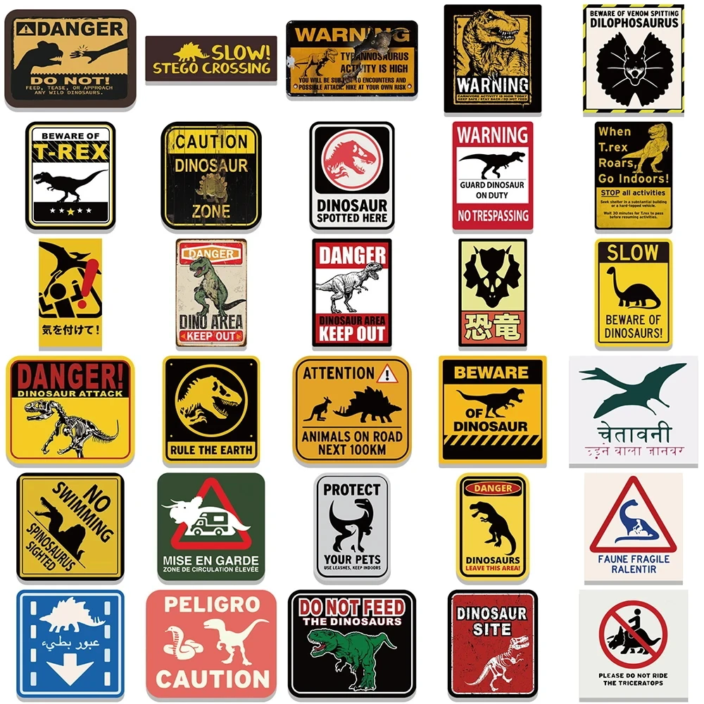 10/30/60PCS Jurassic Park avvertimento segno adesivi dinosauro pericolo divieto fai da te moto viaggio telefono chitarra Laptop Cool Sticker