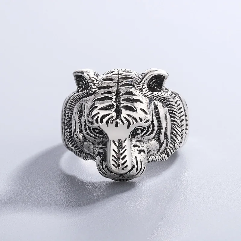 

Personality Silver Color Vintage Punk Gothic Wind Zodiac Tiger Rings for Men Male Domineering Thai Silver Retro Party Jewelry