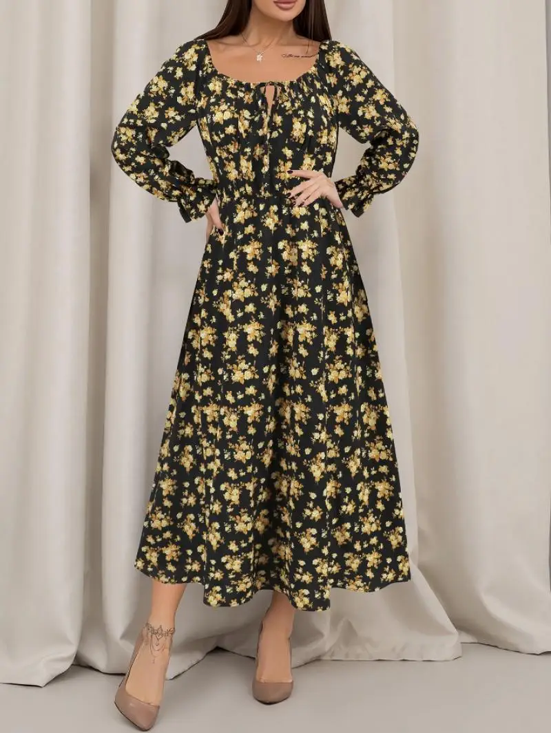 Elegante Feestjurken Vrouwen Casual Bloemenprint Elegante Vierkante Kraag Vierkante Kraag Lange Mouwen Trekkoord Hoge Taille Jurken